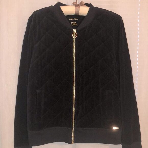 CK L Quilted Front Black Gold Tone Full Zip Velour Bomber Jacket - Picture 1 of 8